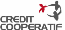 Credit Coopératif logo with three abstract red and gray figures forming a circle.