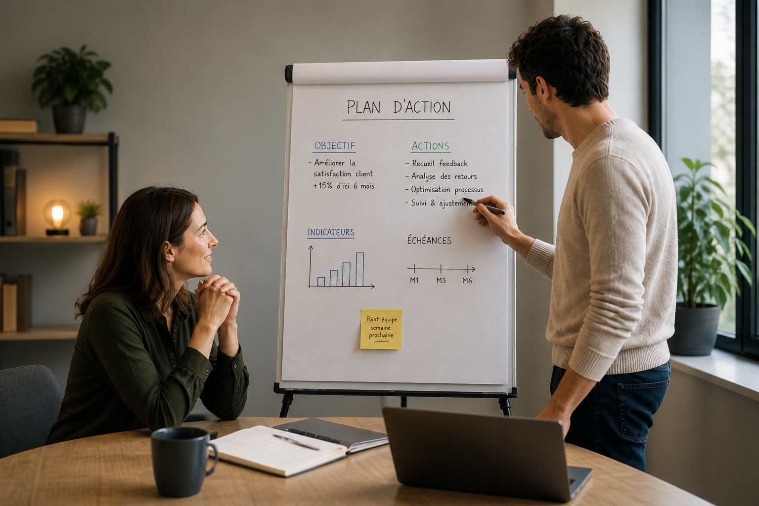 Two colleagues discuss a flip chart titled 'Plan d'action' during a meeting, one person writing while the other watches attentively.