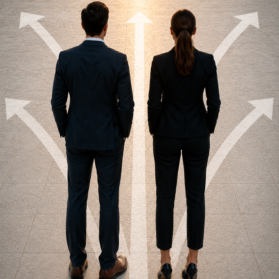 Two business professionals stand with their backs to the camera, facing a crossroads of illuminated arrows pointing in multiple directions.