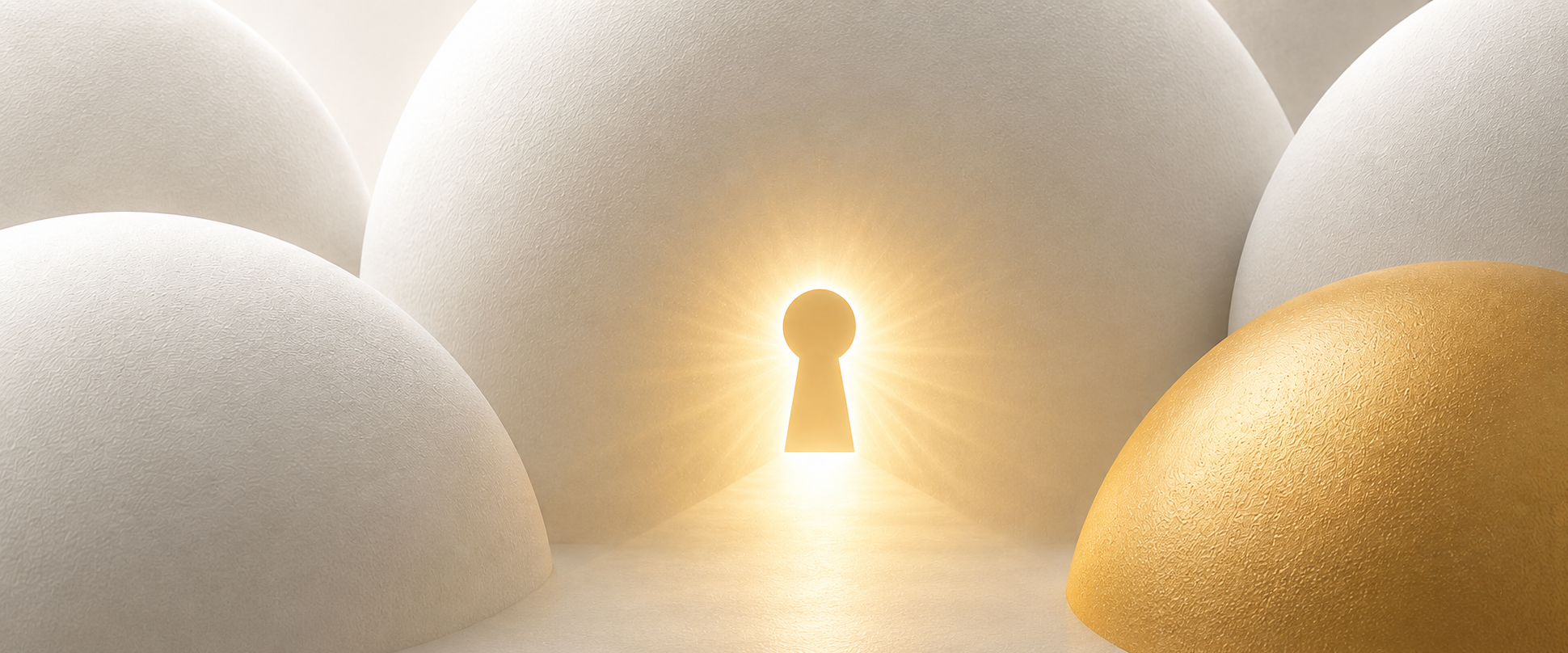 Light pours through a keyhole-shaped opening between large white spheres, with a gold-tinished sphere to the right, symbolizing opportunity.