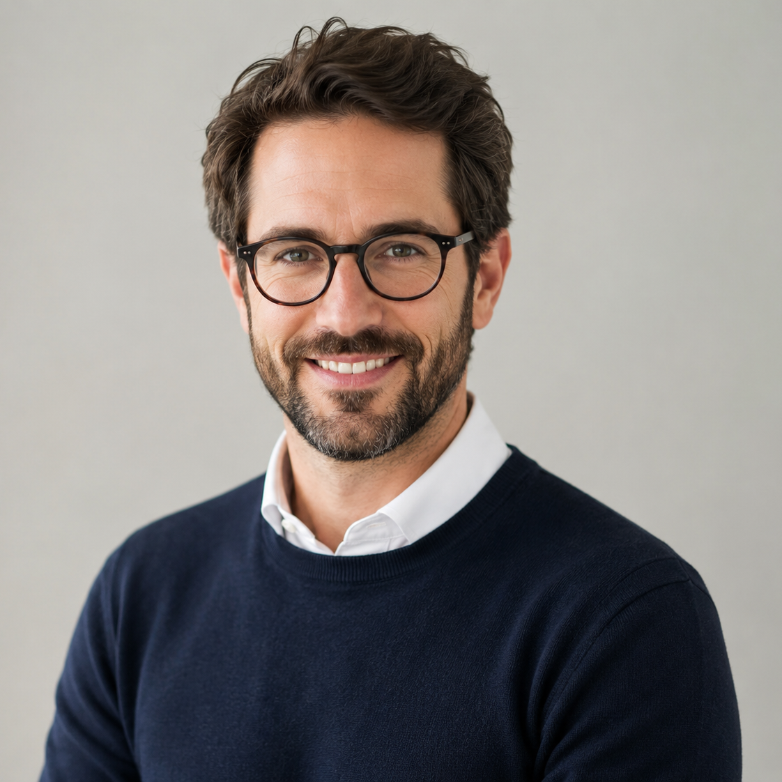 Smiling man with dark hair and a beard, wearing round black glasses and a navy sweater, against a neutral background.