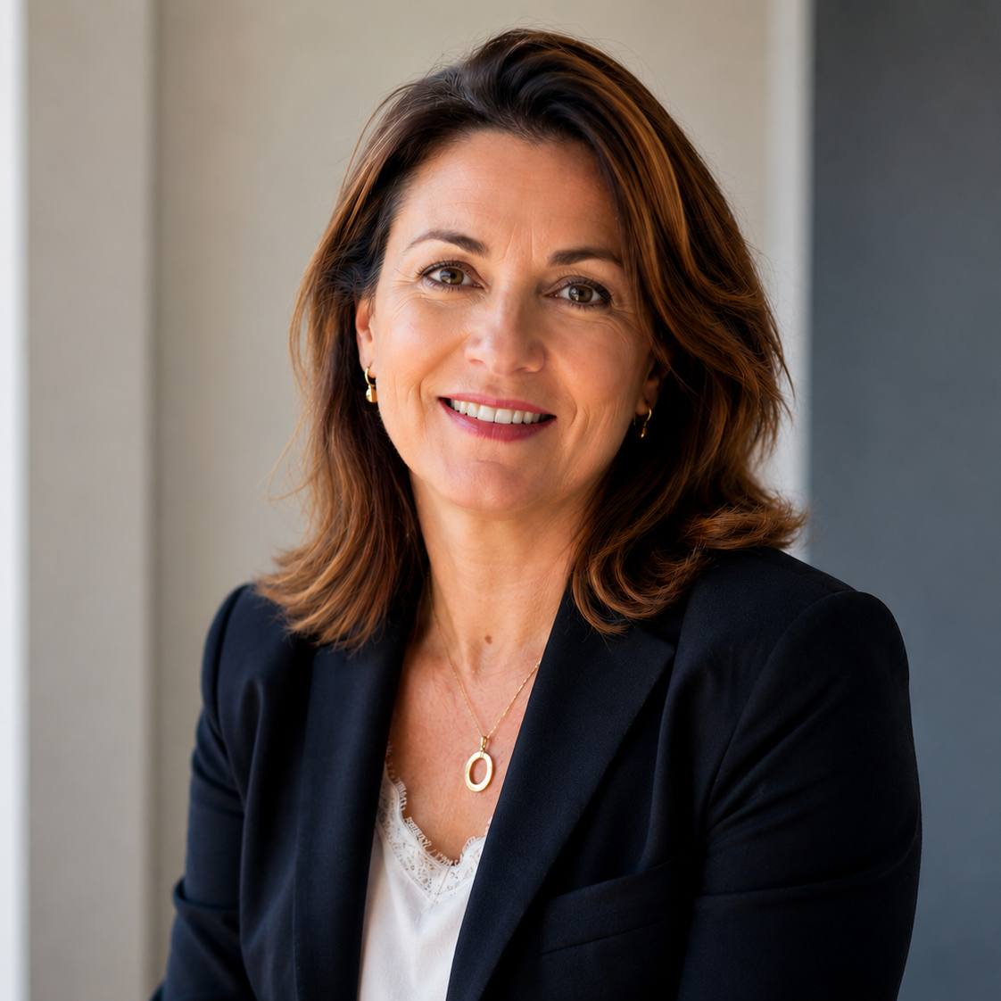 Professional headshot of a smiling woman in a dark blazer and white blouse, looking confident and approachable in a neutral background.