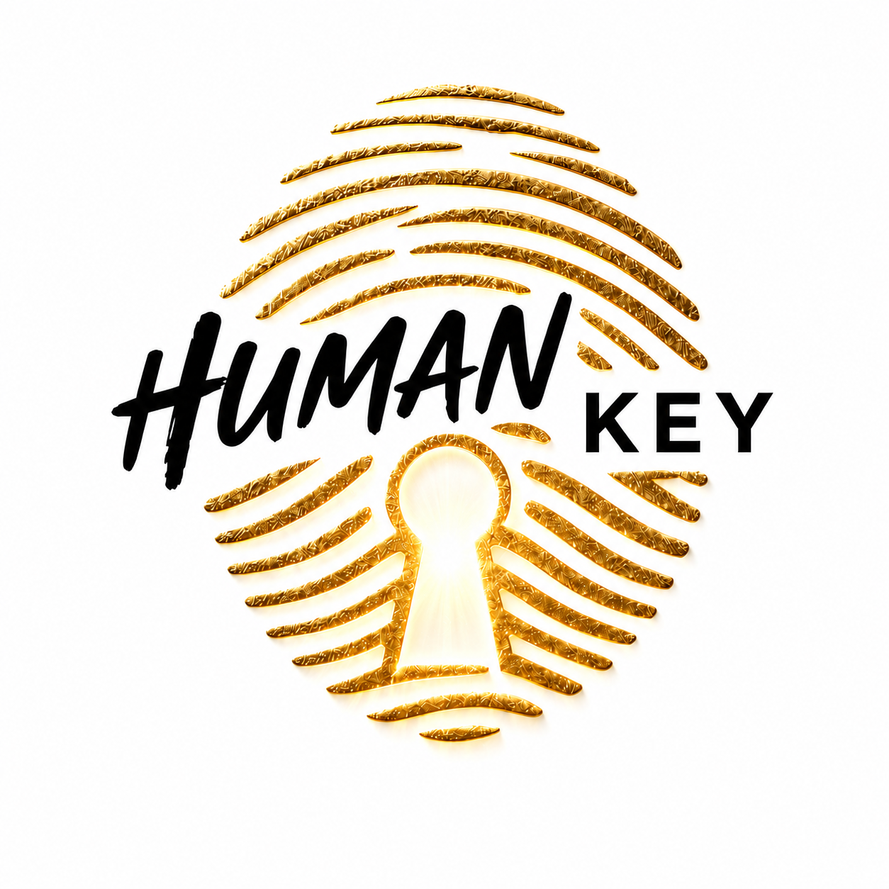 Brand logo for 'HUMAN KEY': black script 'HUMAN' with 'KEY' in bold letters and a glowing gold keyhole at the center of a circular gold sunburst pattern behind it.