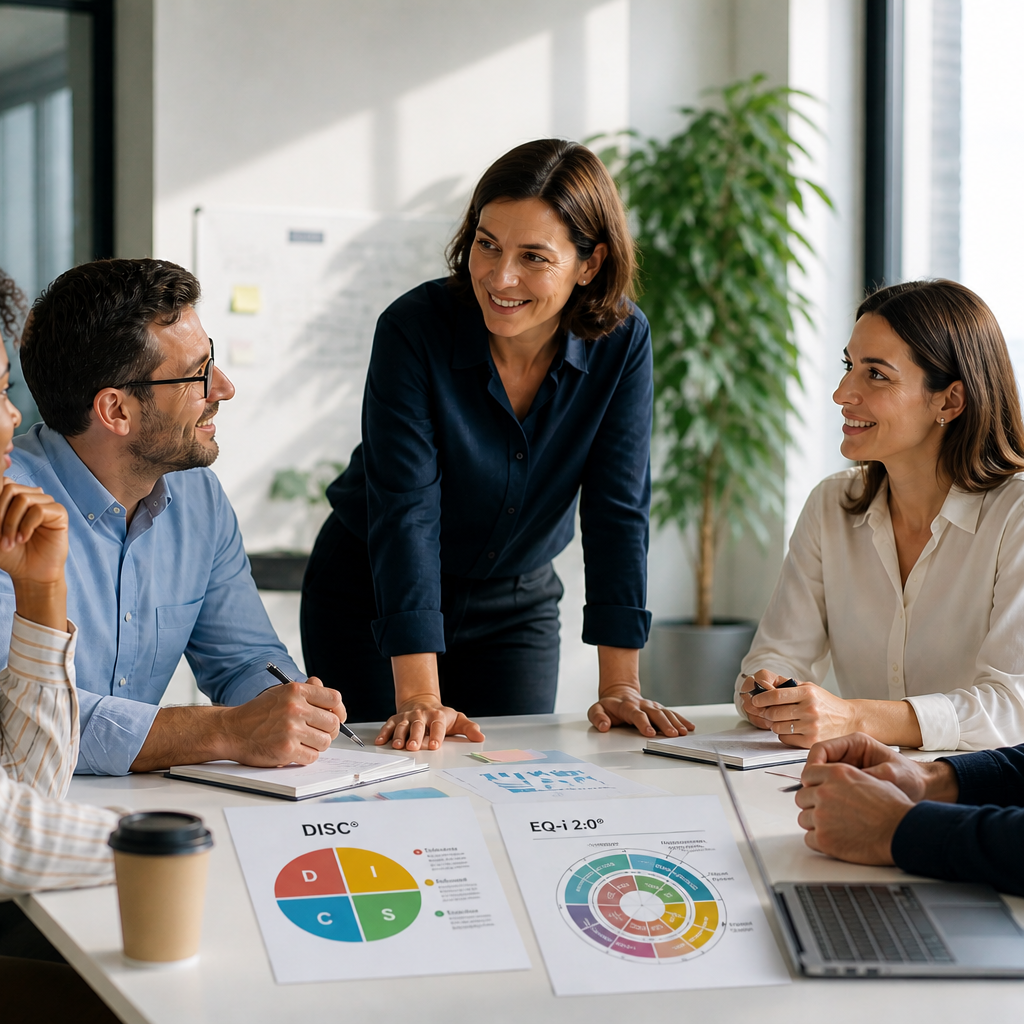 Five coworkers sit around a bright conference table while a standing woman leads the discussion, charts on the table behind them.