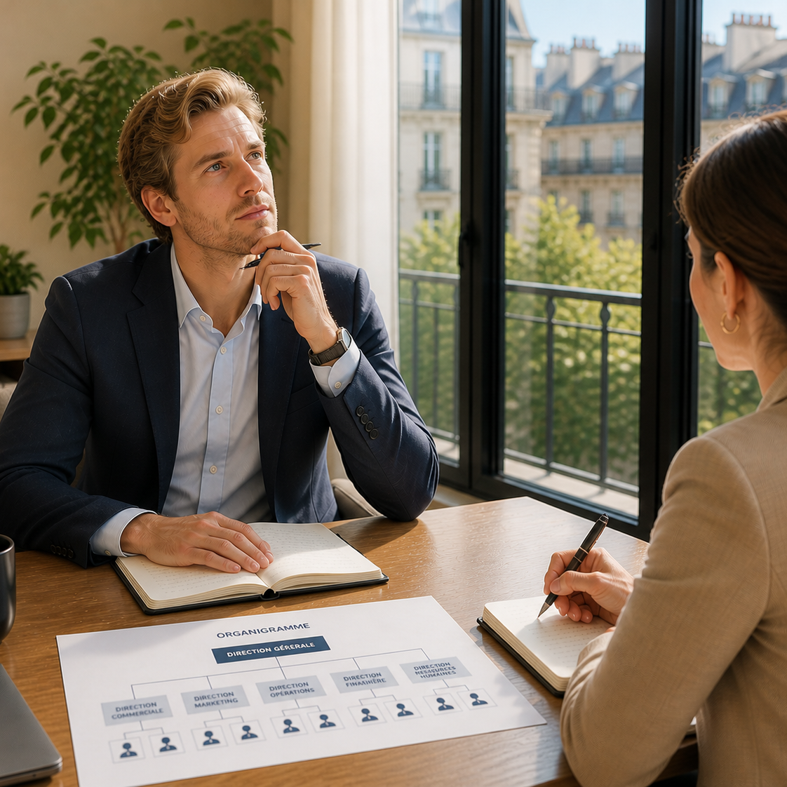 Professional business meeting: a man in a navy suit listens thoughtfully with a pen near his mouth while a colleague notes in a notebook; an org chart lies on the table by a window.