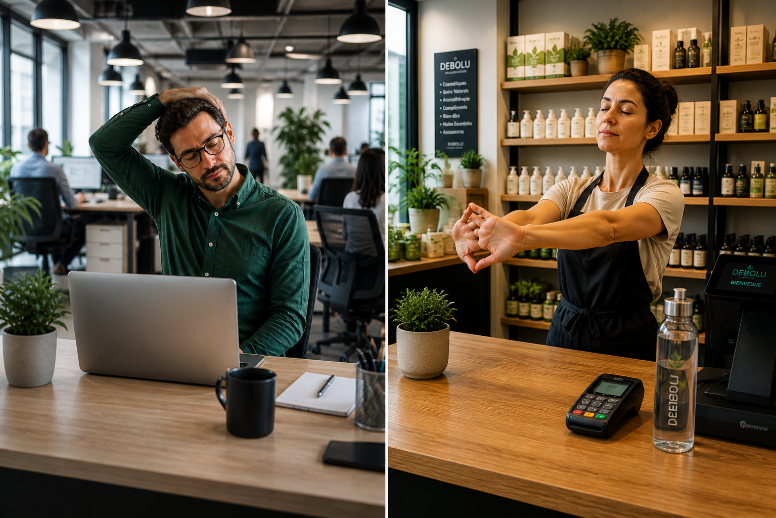 Split-scene of workplace wellness: left, a man at a laptop in an open office stretching his neck; right, a store employee at a counter stretching her arms.