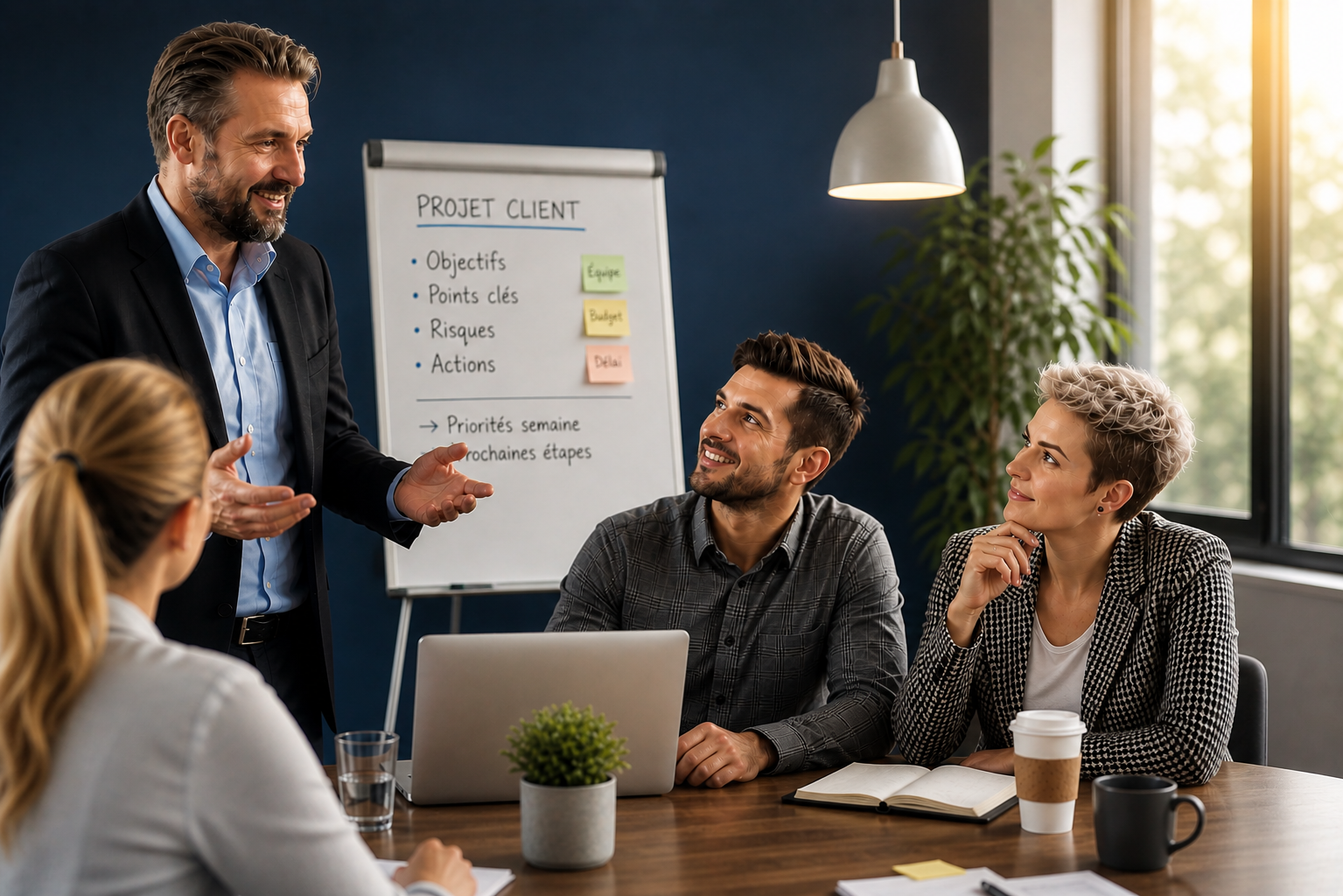 Man in a suit explains a plan to three colleagues around a conference table, next to a flipchart labeled 'Projet Client'.