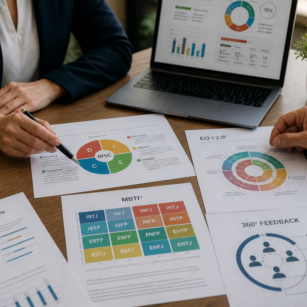 Two professionals review printed charts (DISC wheel, MBTI grid, 360° feedback) on a wooden table with a laptop nearby.