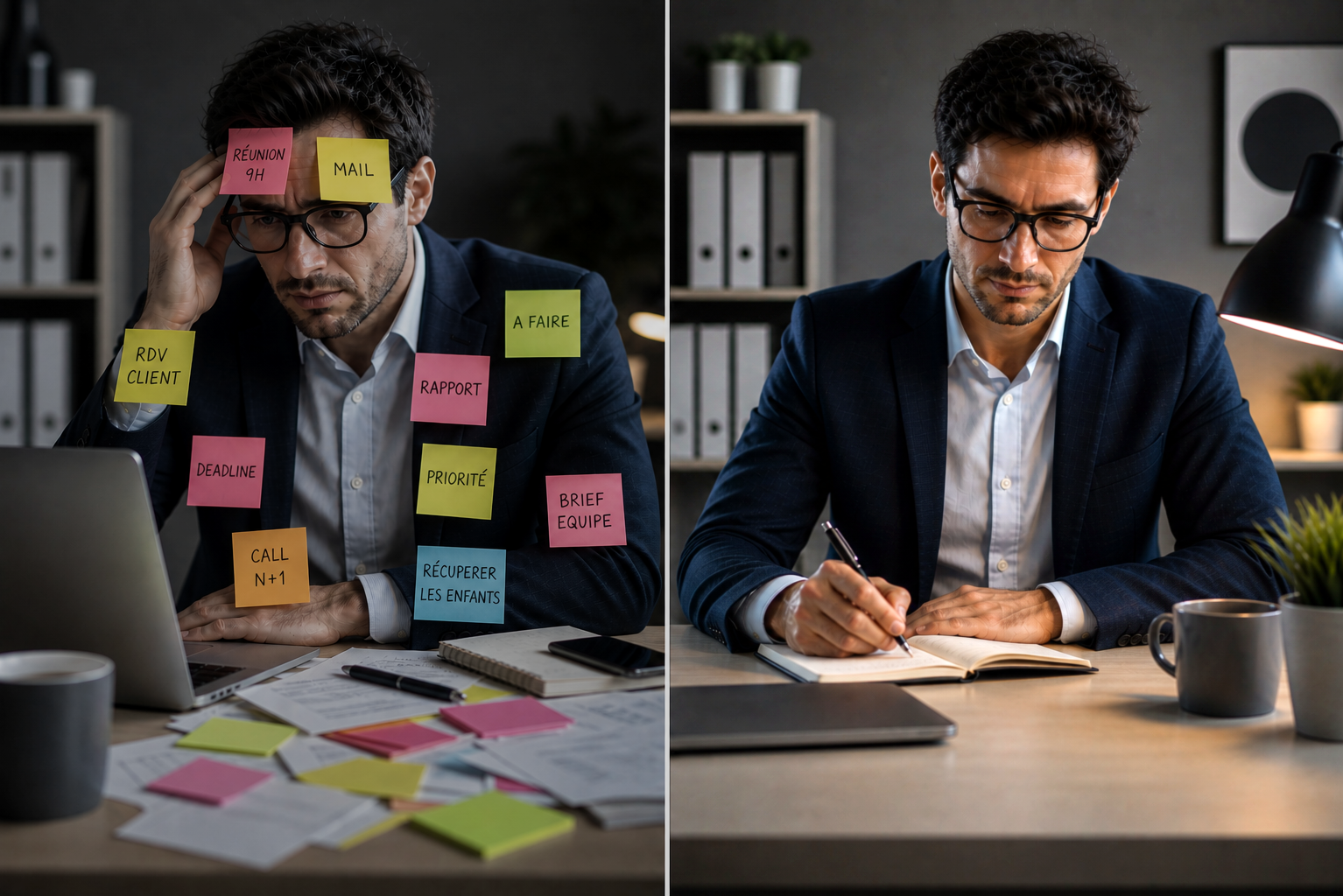 Split image: left shows a stressed businessman with colorful sticky notes on his face and desk; right shows the same man focused, writing in a notebook at a clean desk.