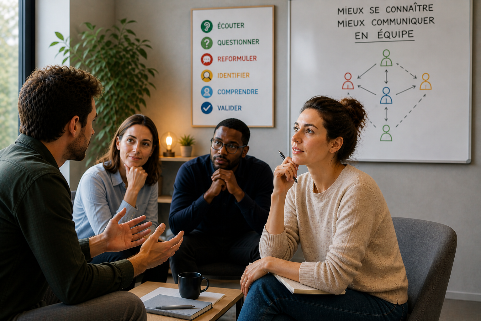 Four professionals in a meeting room engaged in discussion, one gesturing with hands as others listen.