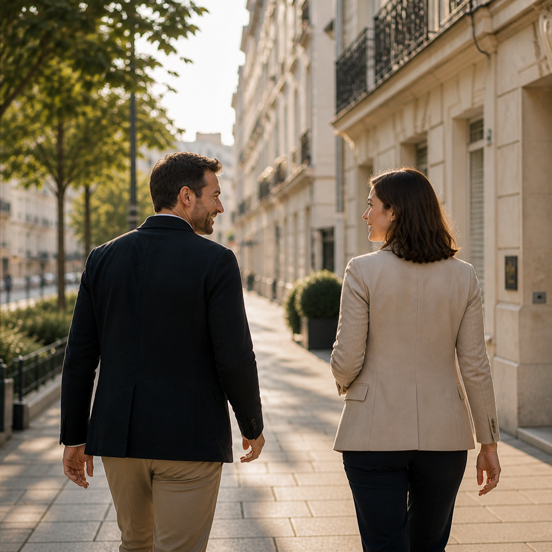Back-view of a man in a dark blazer and a woman in a beige blazer walking side by side on a sunlit city sidewalk.
