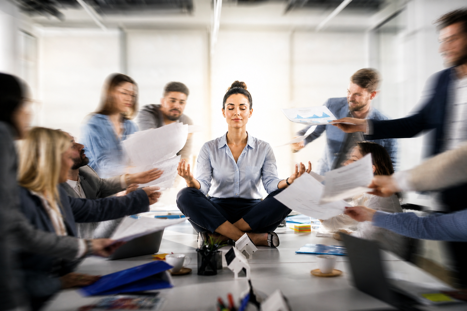 Woman sits cross‑legged on a conference table while colleagues throw papers around, practicing calm focus in a hectic meeting.
