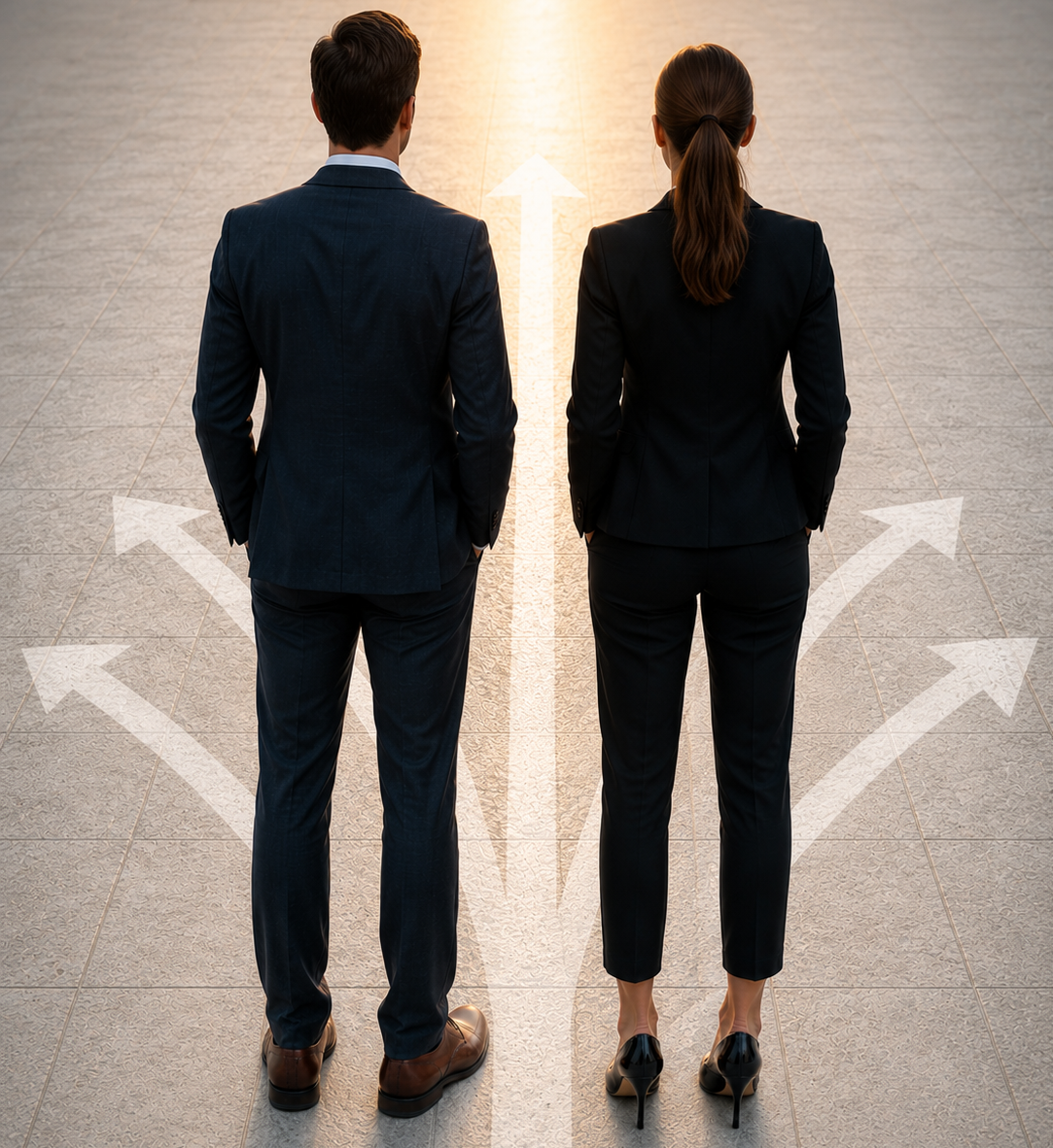 Two professionally dressed people stand with their backs to the camera, facing forward on a tiled floor with multiple arrows branching ahead, symbolizing career choices or paths.