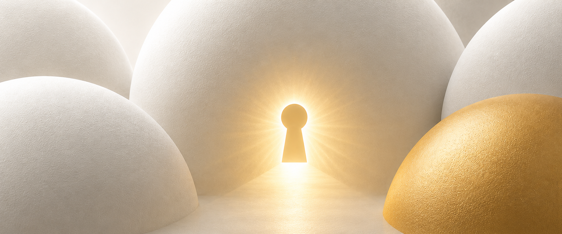 Light pours through a keyhole-shaped opening between large white spheres, with a gold-tinished sphere to the right, symbolizing opportunity.