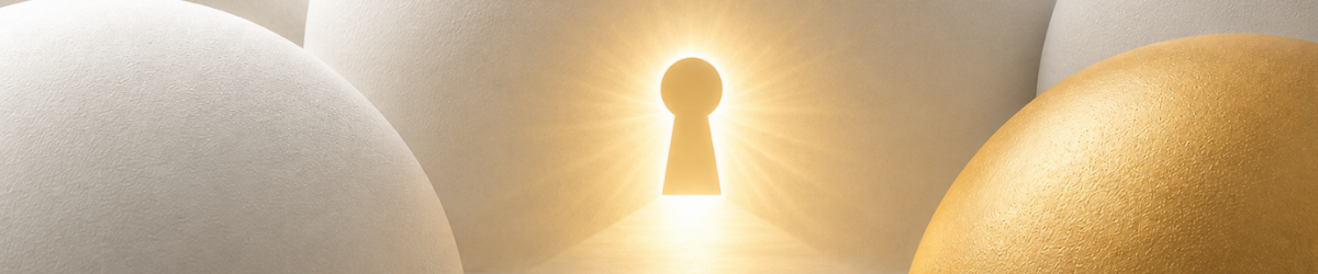 Glowing keyhole emitting light between soft beige and gold spheres, symbolizing opportunity.