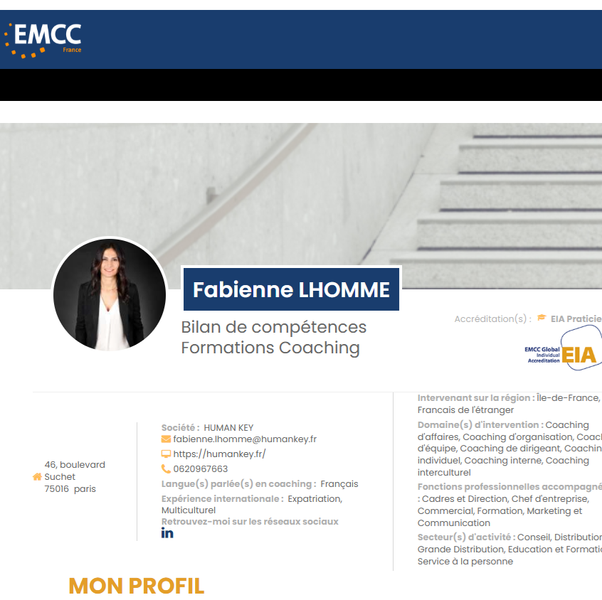 Profile header for Fabienne Lhomme, coach: Bilan de compétences, Formations Coaching, with EMCC France branding above.