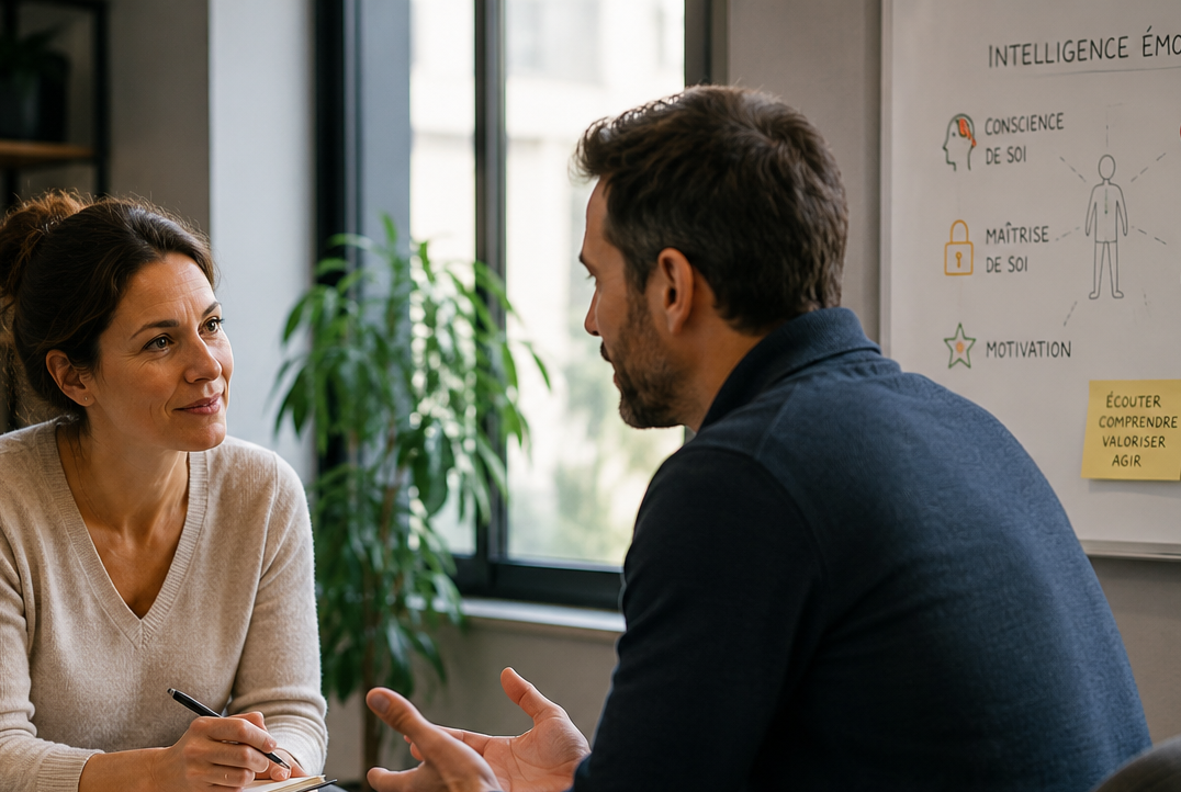 Therapist and client sit in a calm office, woman taking notes while man speaks by a whiteboard about emotional intelligence in French.