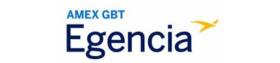Egencia logo with AMEX GBT branding and a yellow swoosh in the upper right corner.
