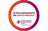 Circular gradient logo with the text 'Je suis secouriste en santé mentale' indicating a French mental health first aider program.