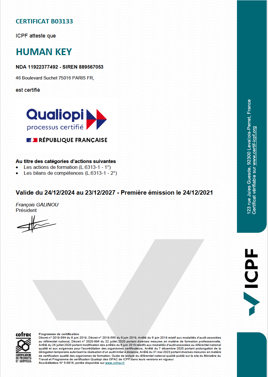 Certificate page showing 'HUMAN KEY' with Qualiopi and République Française logos, validity dates, and signature.